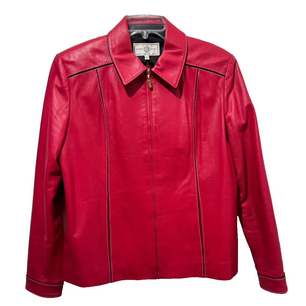 ST JOHN SPORT Leather Jacket Coat Vintage Dark Pink Red Size L Full Zip
